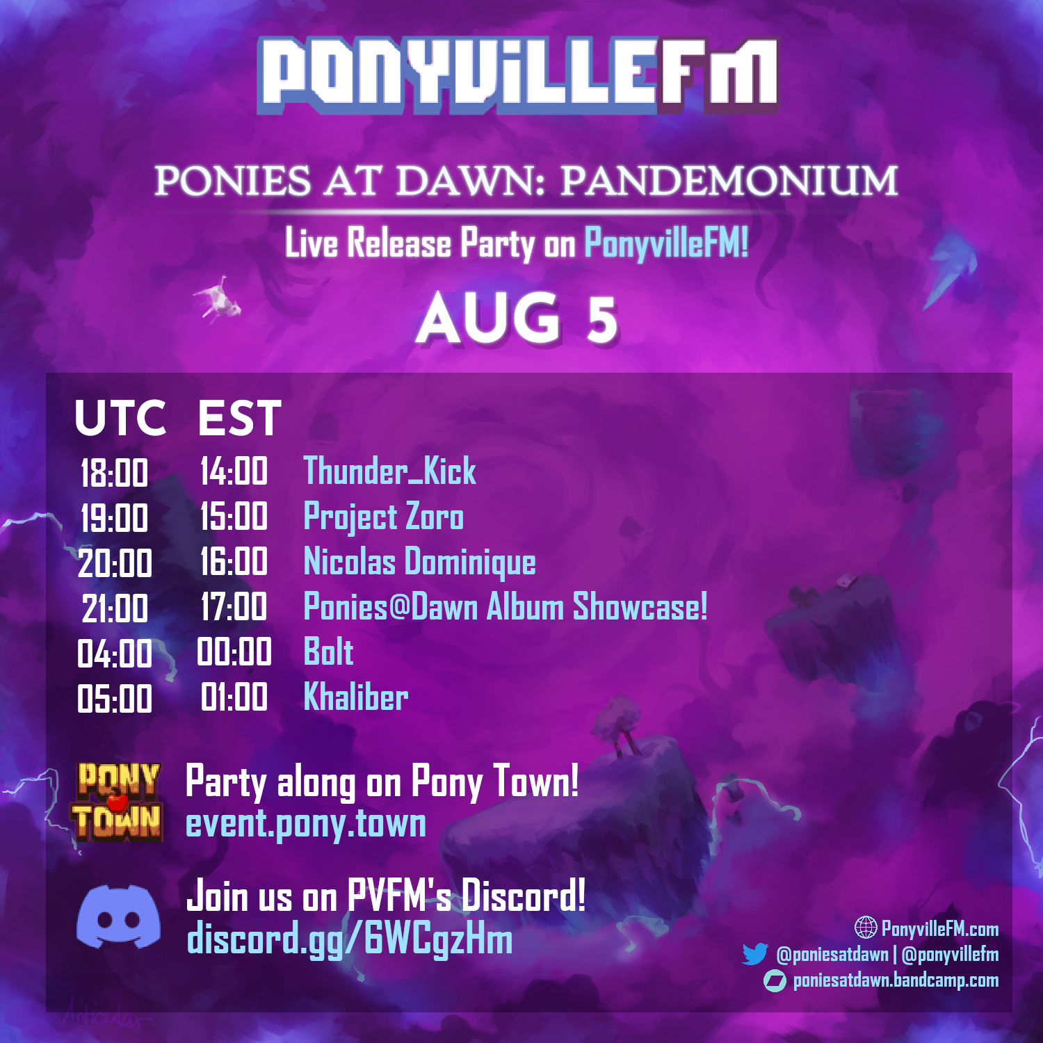 Poster for the Ponies At Dawn: Pademonium release party on Ponyville FM, with times of scheduled DJ sets and the album showcase, plus links to the Pony Town event server and PVFM Discord.